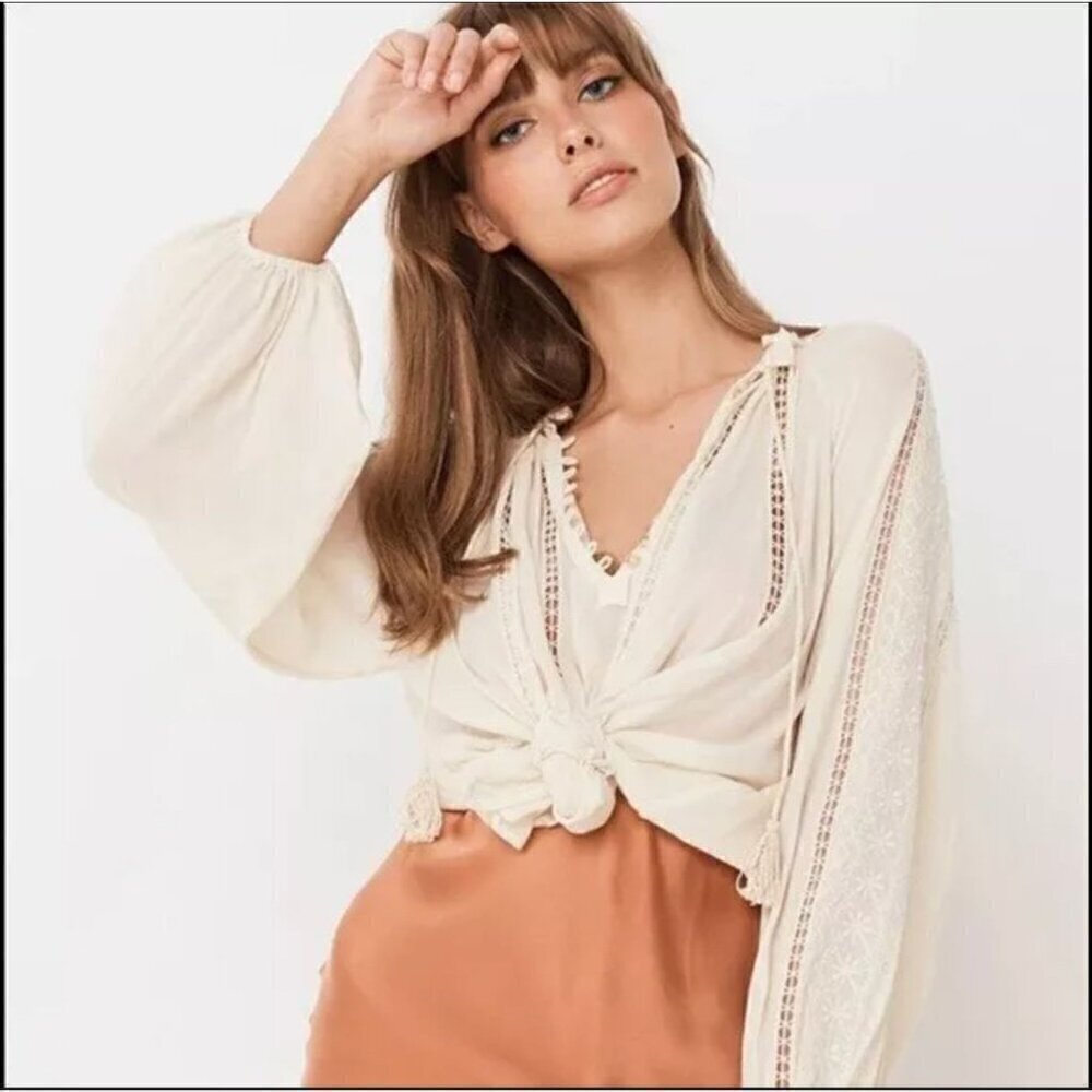 Spell Loves Me Not Embroidered Button Front Boho Cream Cotton Blouse Top Medium - Picture 2 of 10